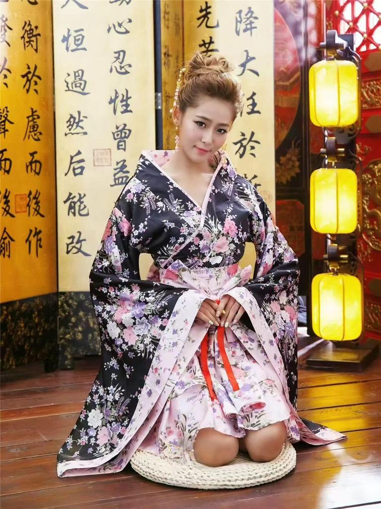 ENDIANDUO Quimono Oiran Fantasia Flor de Cerejeira Japonesa Vestido Tamanho Festival Escolar para Foto, Cosplay, Yukata, Estilo, Design, Conjunto, Roupa, Sessão, (Rosa, S)