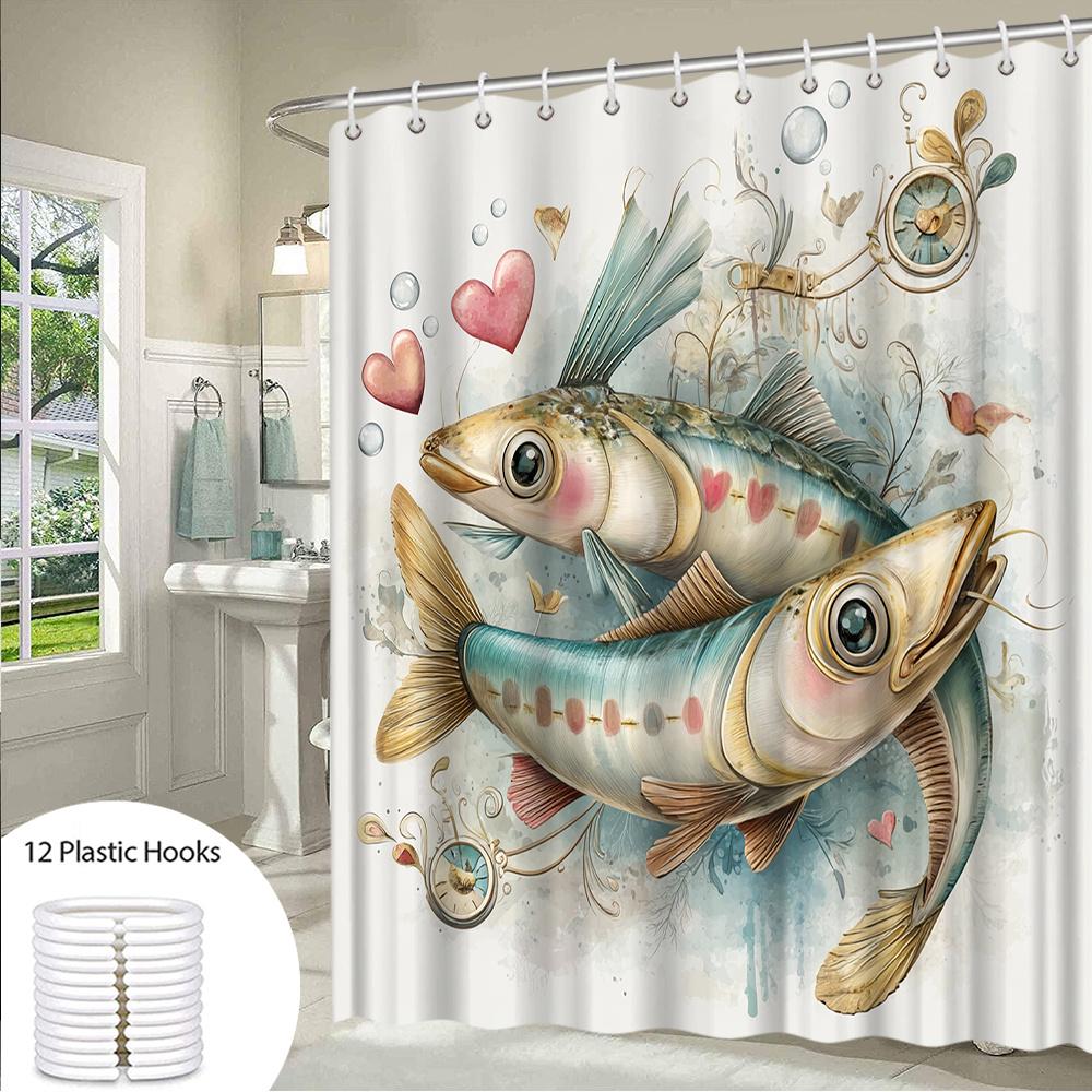 1pc Romantic Fish Shower Curtain - 70.8x70.8 Inch Polyester Fabric with 12 Hooks, Cute Fish & Heart Design, Machine Washable