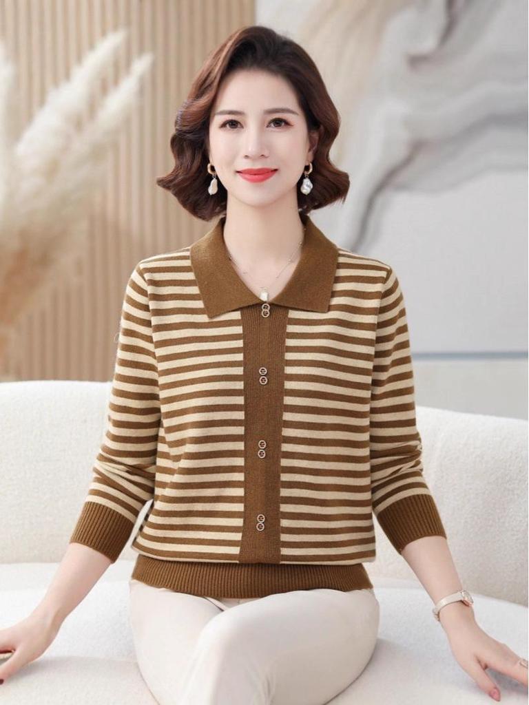 Elegant Women's Striped Knit Sweater with Turn-Down Collar - Versatile Fall Fashion for Moms