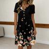 Women's Fashion Retro Print Round Neck Short Sleeve Buttoned Casual Dress
