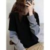 Korean Style Striped Patchwork Long Sleeve Women's Thermal T-Shirt - Versatile Fake Two-Piece Fleece Layer for Autumn/Winter