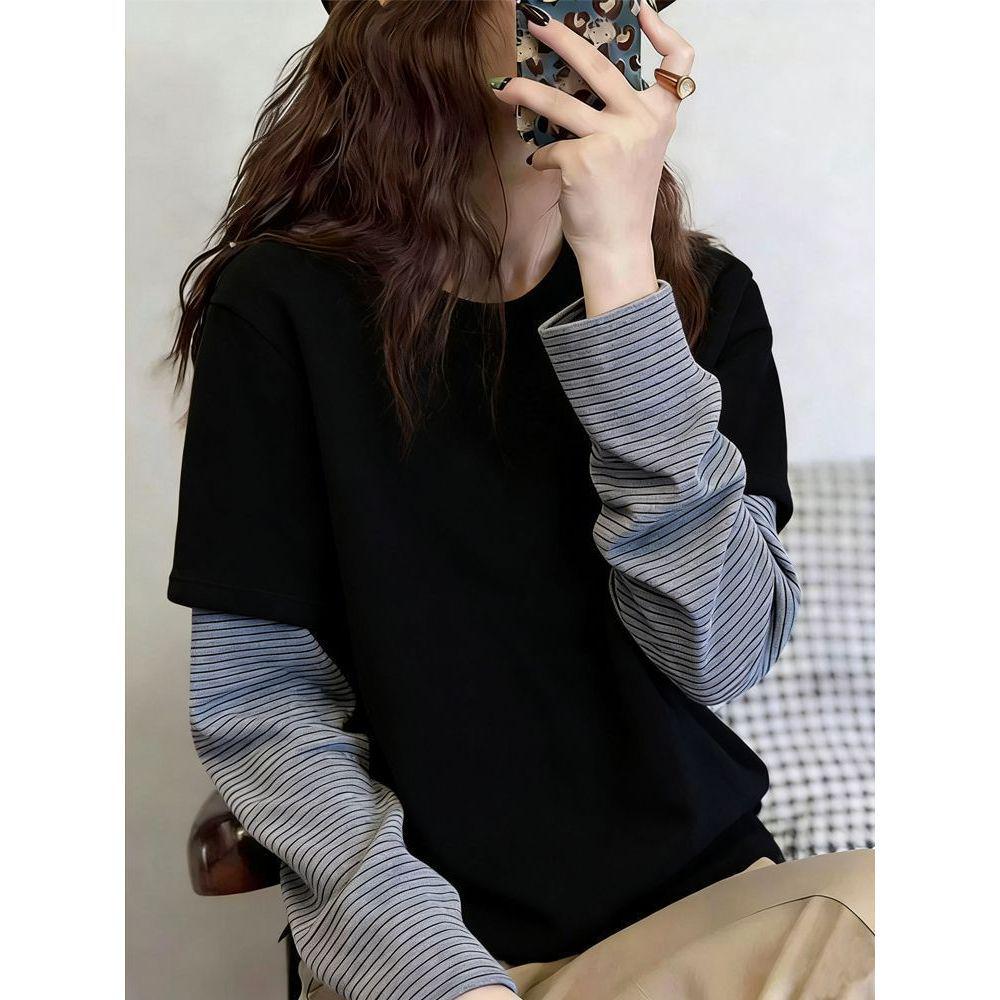 Korean Style Striped Patchwork Long Sleeve Women's Thermal T-Shirt - Versatile Fake Two-Piece Fleece Layer for Autumn/Winter