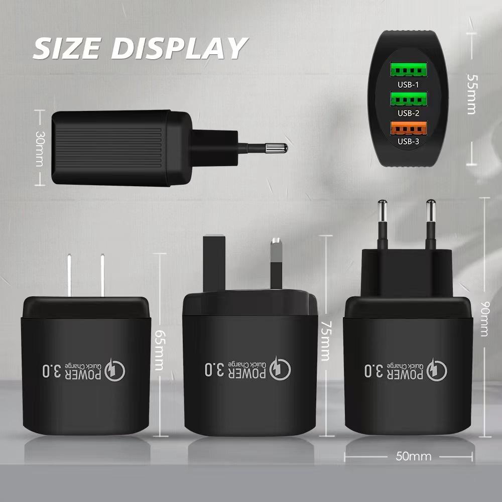 QC3.0 3-USB Multi-Port Charger: 2.4A Fast Charging Head for EU, US, UK Standards.