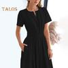 Women's Summer Maxi Dress Casual V-Neck Short Sleeve Tiered Flowy Dress Smocked Waist Pleated Long Dress