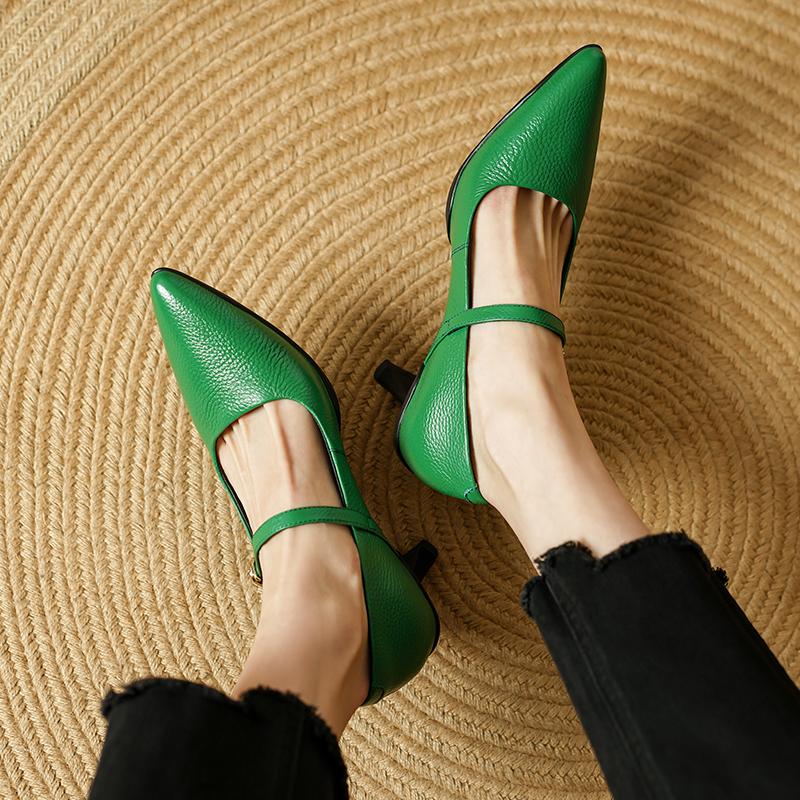 

Мода 2025 НОВЫЕ Весенние Женские Туфли-Лодочки с Острым Носком из Натуральной Кожи для Женщин Мелкие с Ремешком-Пряжкой Мэри Джейн Современные Высокие Каблуки Женские 40 зелёный