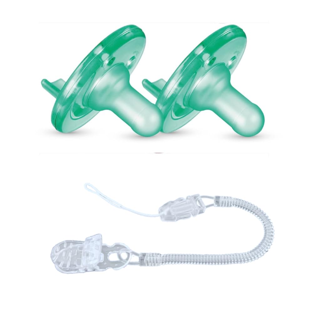 

Philips Avent Soothie Pacifier Set Clear Pacifier Holder (0-3 Months, Green) - 2-Pack + синий