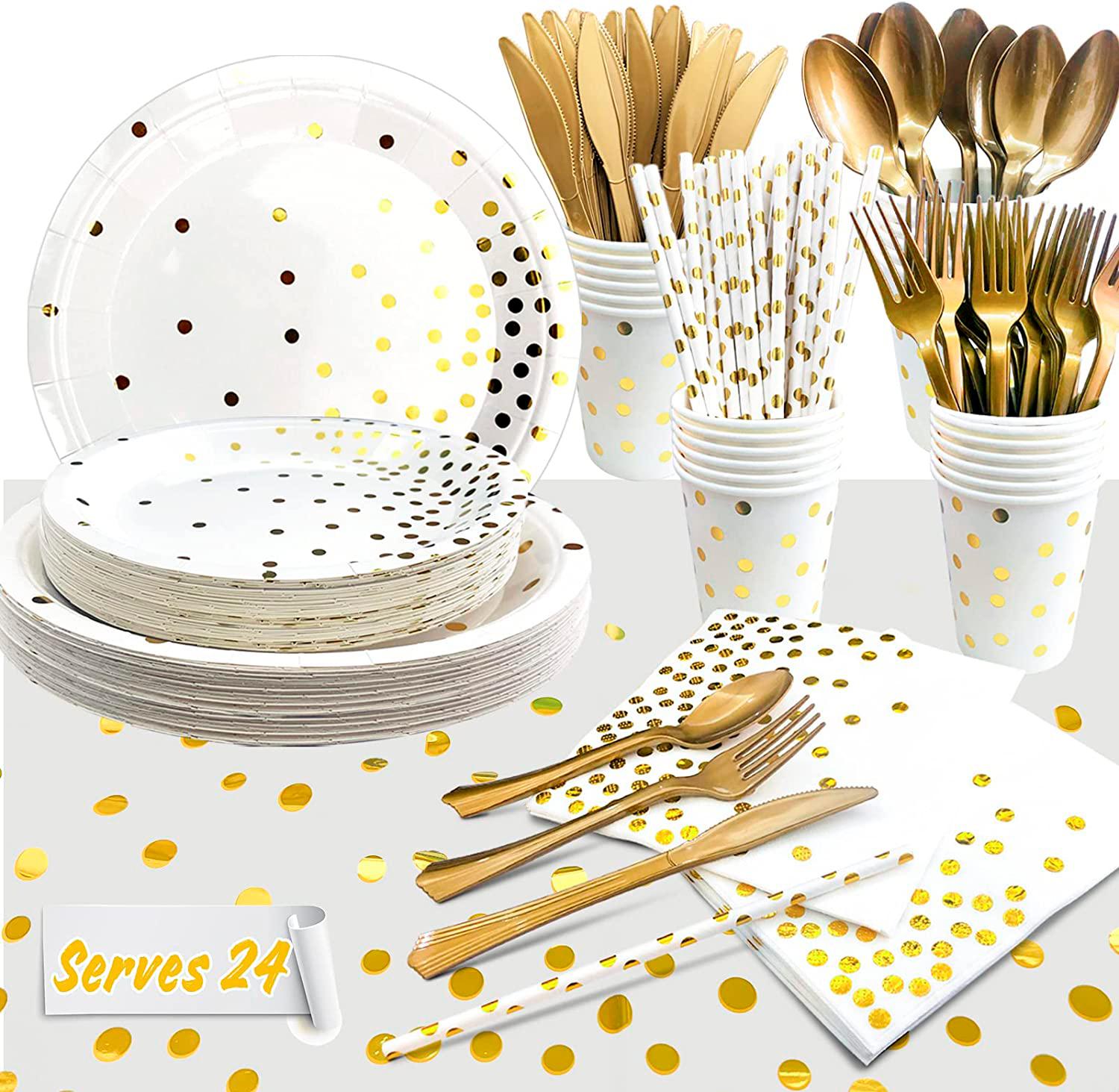 

129pcs White and Gold Party Supplies, White Gold Party Tableware Set - White and Gold Paper Plates Napkins Cups Tablecloth etc Gold Dot Party Supplies білий