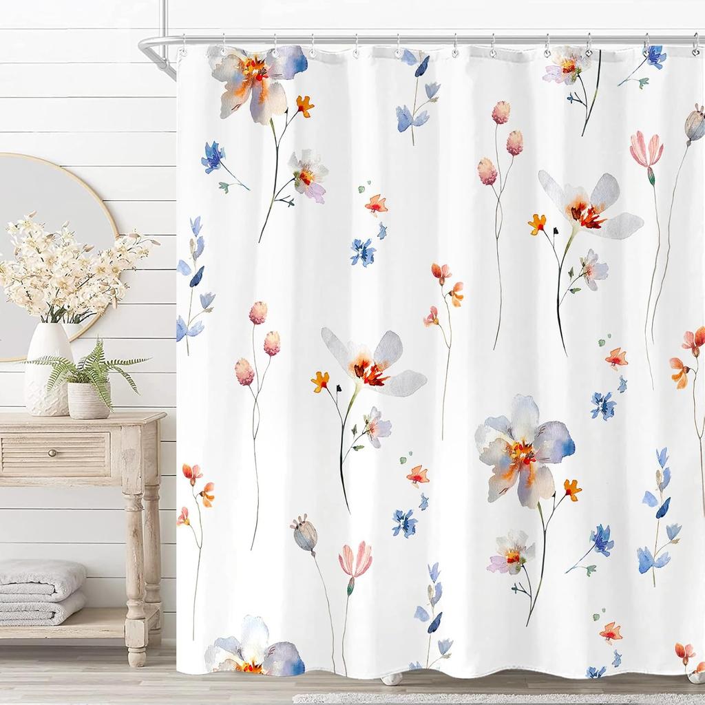 Amm Watercolor Floral Shower Curtain Pink Coral White Flower Shower Curtains For Bathroom Modern Simple Cute Herb Plant Leaf Wat