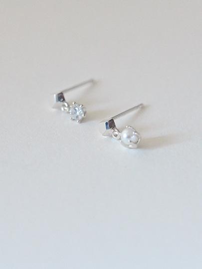 Lucore Silver 925 Little Piece Cubic & Pearl Asymmetrical Earrings