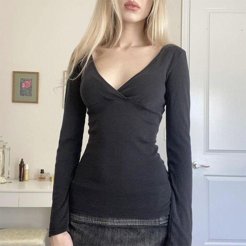 

Retro Hot Girl V-Neck Waist-Cinching Top with Long Sleeves for Flattering Silhouette Medium чёрный