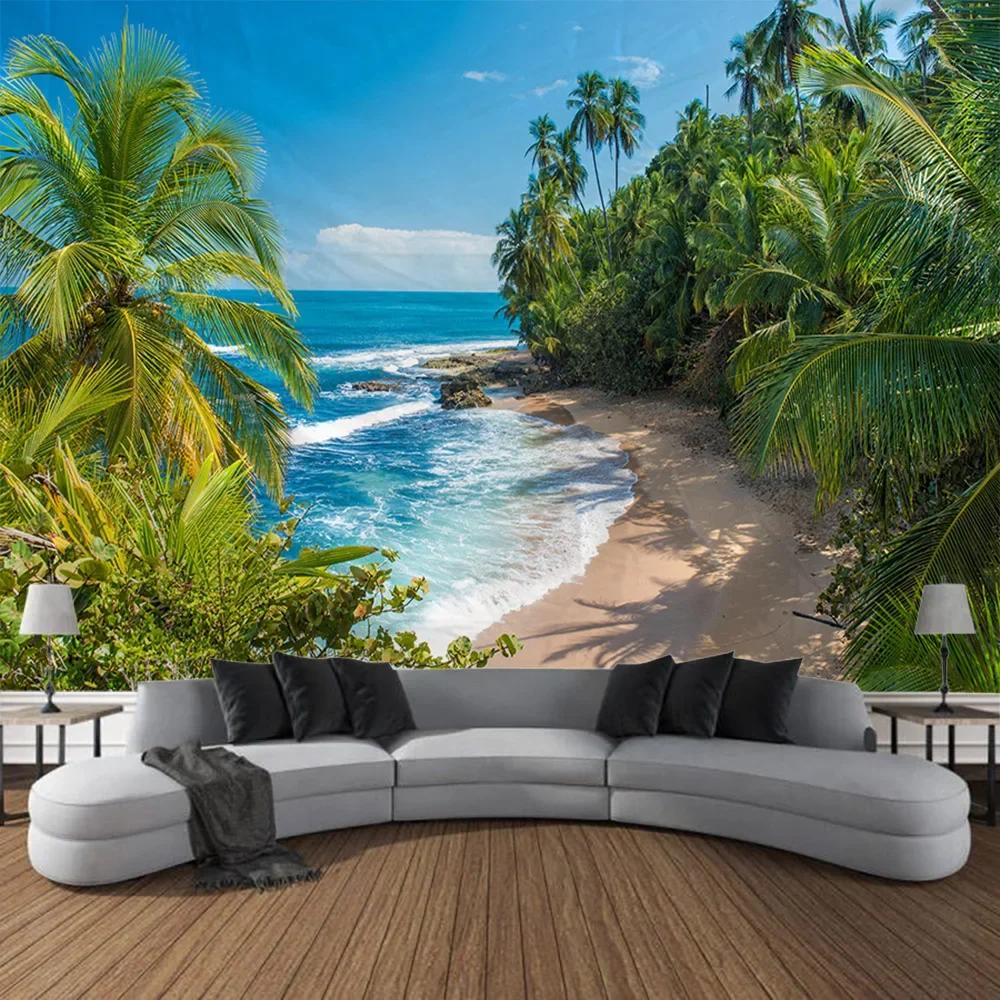 Sea view tapestry printed hanging painting coconut tree sunrise home decoration yoga mat bed sheet living room wall hanging