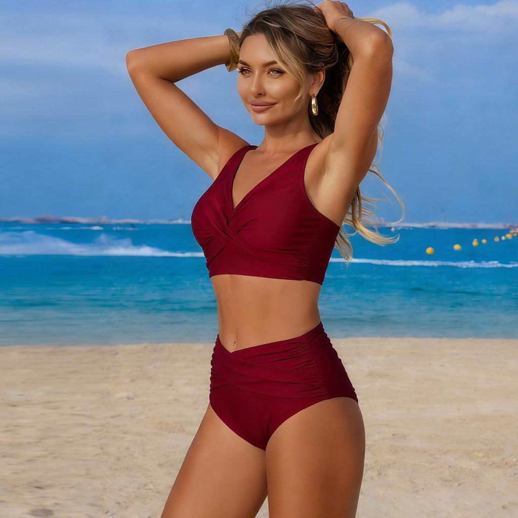 Women’s Summer Solid Color Bathing Suit Sexy Bikini Swimsuit, Two-Piece High-Waist Swimwear Set