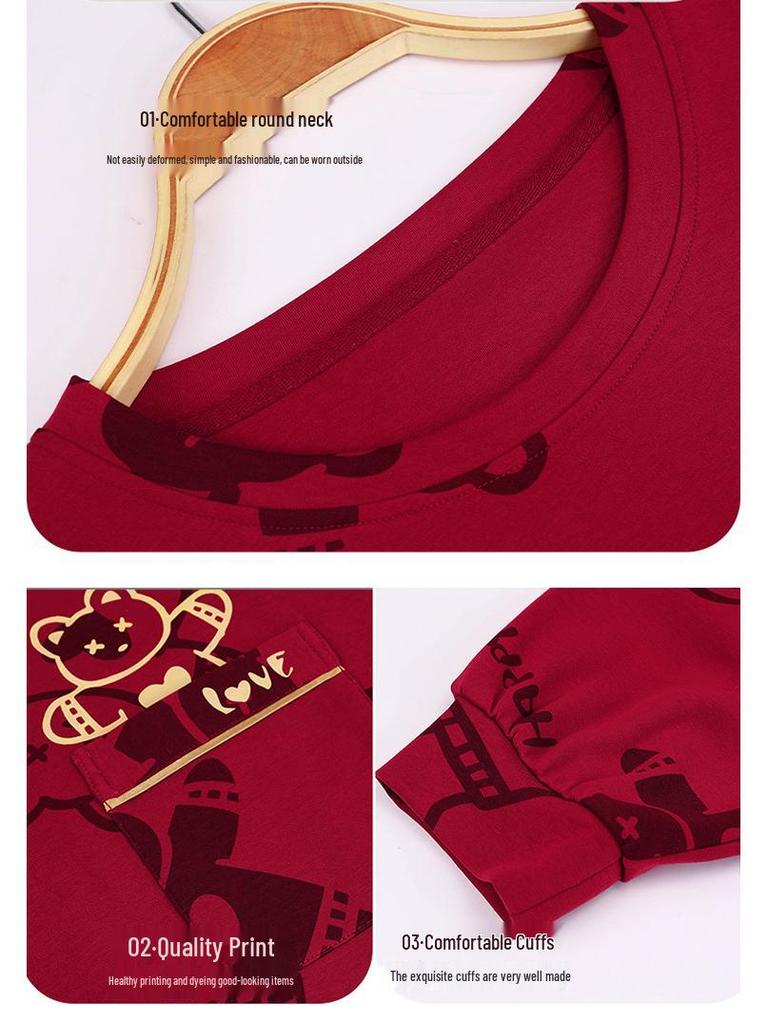 Newlywed Red Long Sleeve Cotton Couple Pajamas - Spring/Autumn Style