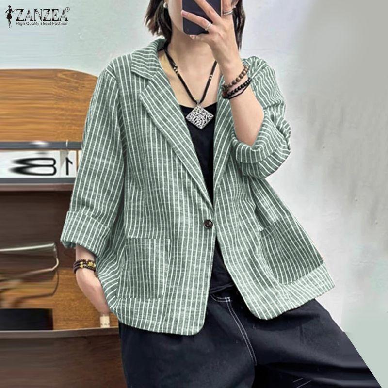 ZANZEA Women Turn Down Collar Casual Long Sleeve Stripe Thin Cardigan Tops