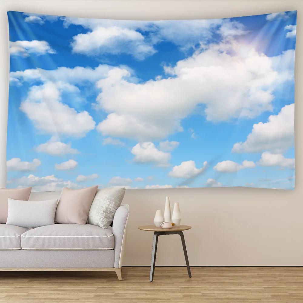 Blanket Curtain Bedroom Living Room Decoration Blue Sky White Cloud Grassland Wall Hanging Tapestry Art