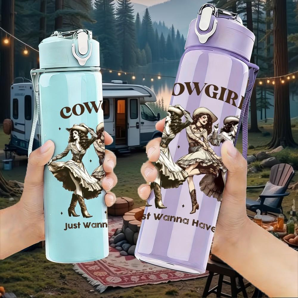 1PC Vintage Cowgirl Horse Riding 750ml Color Plastic Sports Water Bottle Leakproof Flip Straw Lid Suitable for Sports Office Home Use