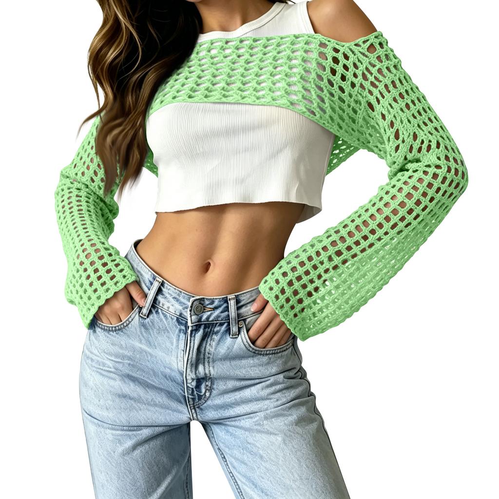 Women's Sunscreen Hollow Long Sleeve Backless Bikini Beach Dress Knit Sweater Cover-Up