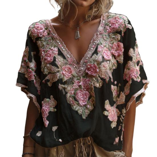 V-Neck Short Sleeve T-Shirt Imitation Flower Decor Pearl 3D Tee Tops Casual Date Vacation Beachwear