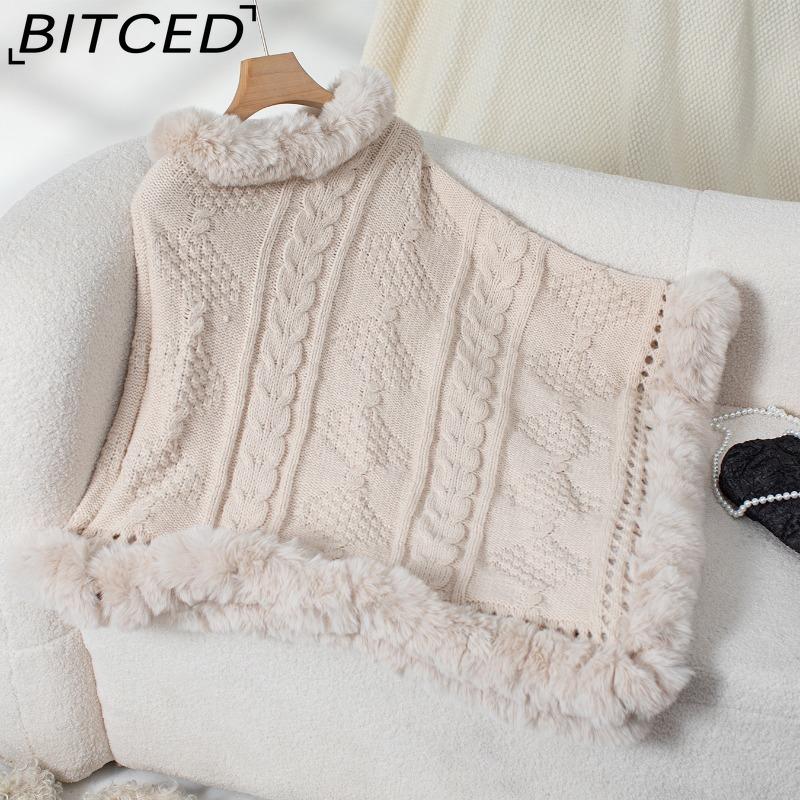 BITCED Oversized Fall/Winter Warm Faux Rabbit Fur Collar Cape Chunky Cable Knit Sweater Jacket