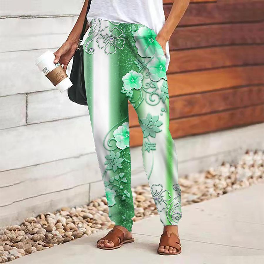 Women Flower Printing Pants Lace Up Elastic Waist Loose Trousers Casual Long Pants Trousers with Pockets
