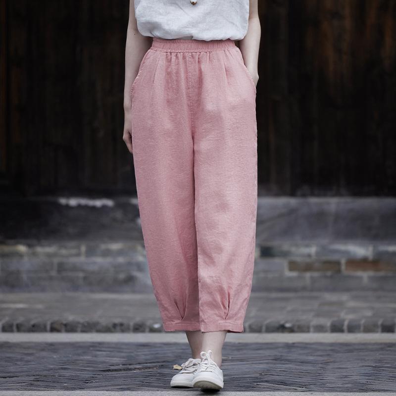 Johnature Women Cotton Linen Solid Color Straight Pants Elastic Waist Pockets Autumn Casual Pants Soft Fall Trouser