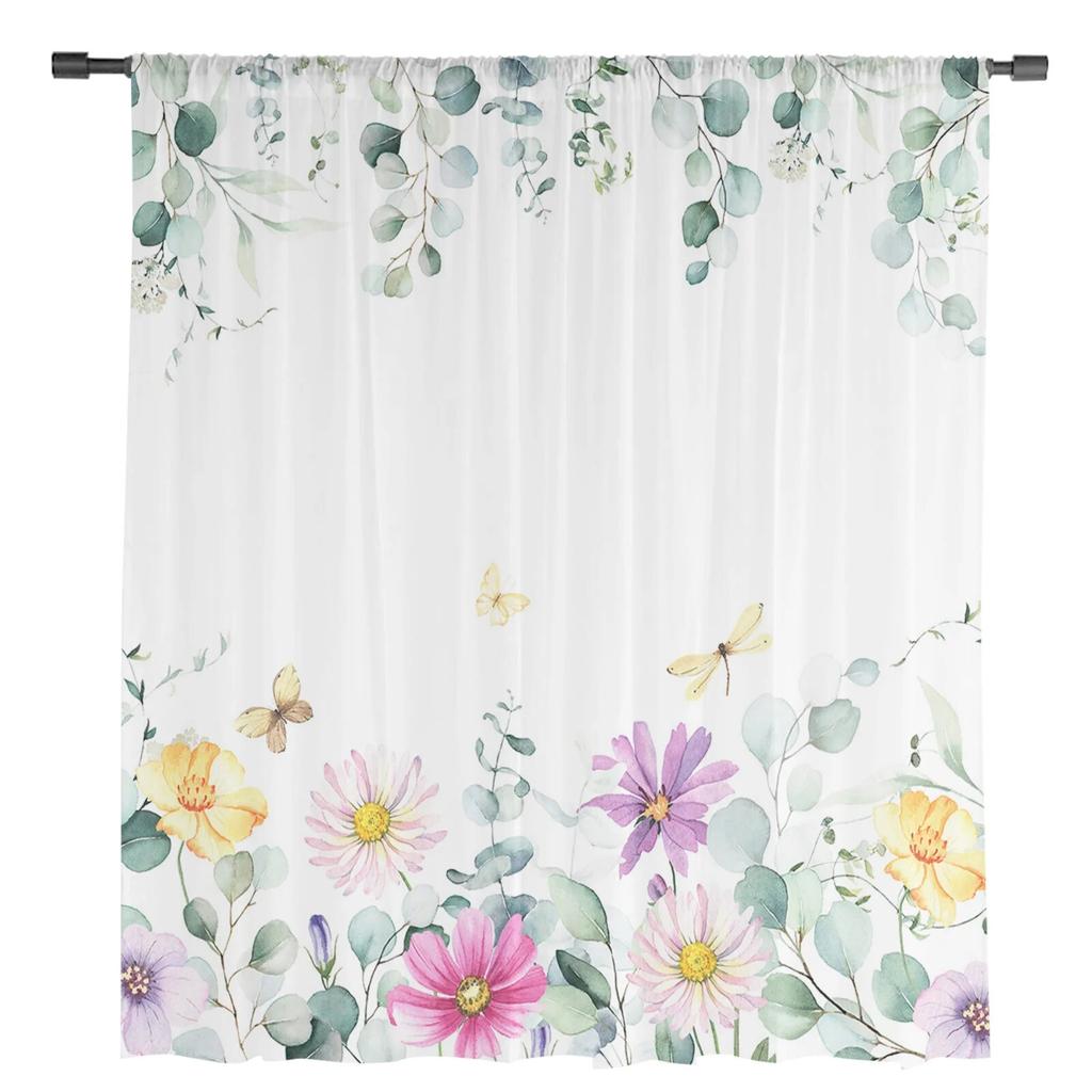 Idyllische Wildblumenblätter Tüllvorhänge für Wohnzimmer, transparenter Vorhang für Schlafzimmer, Weihnachtsjalousien, Voile-Vorhänge
