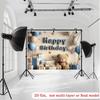 2D Neutral Blue & Beige Teddy Bear "Happy Birthday" Backdrop with Gifts & Balloons