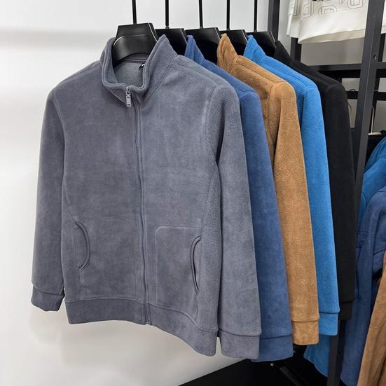 Men Coat Stand-Up Collar Long Sleeve Zipper Closure Polar Fleece Jacket