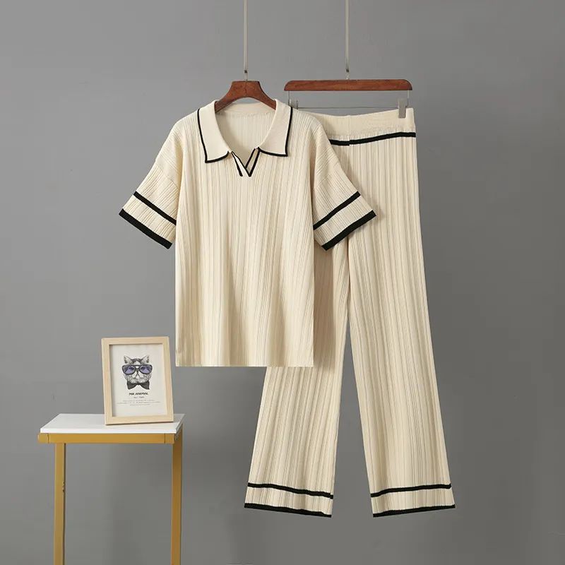 

Cross-Border European and American New Summer Clothing Polo Collar Short sleeve Fashion Casual Loose All-Match Slimming High Waist Knitting Suit Women Apricot All yards