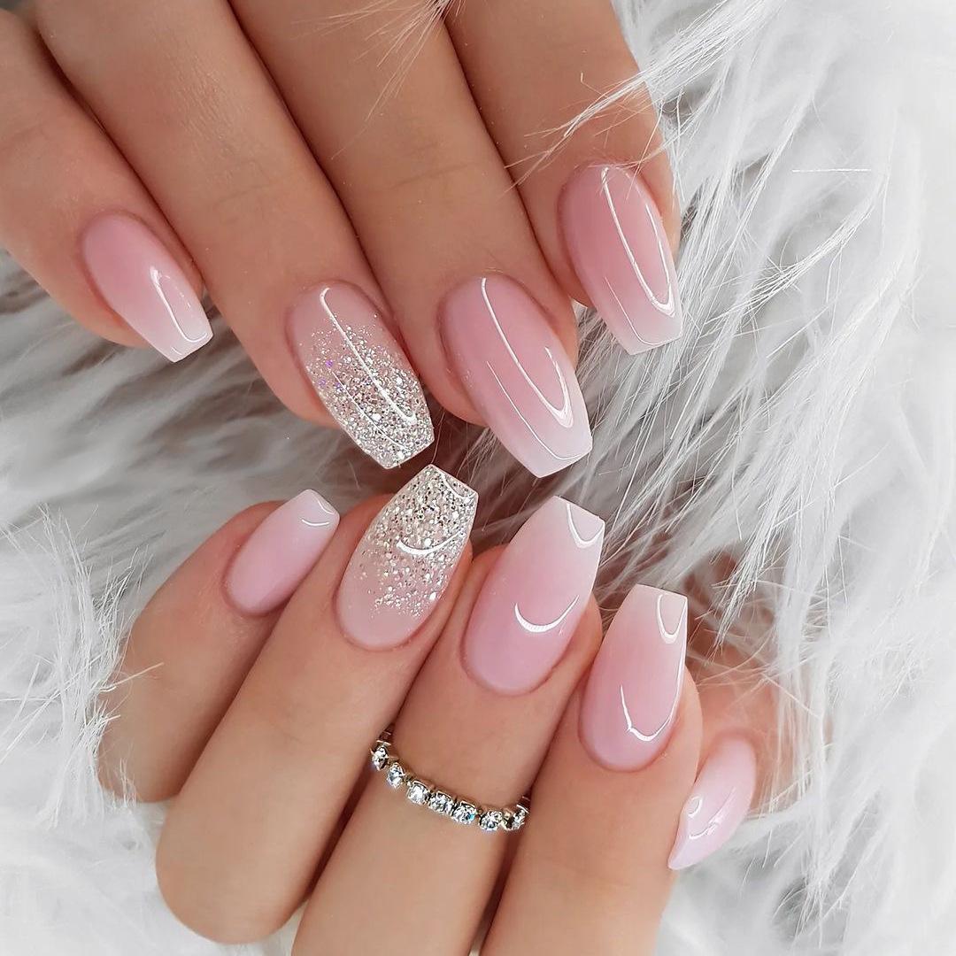 Pink & White Gradient Glitter Press-On Nail Art Adhesive Patches Glue Version