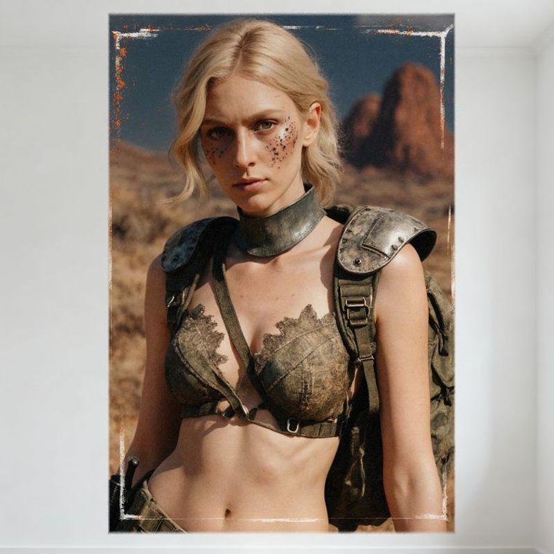 Сексуальная блондинка в пустынной военной броне, деревенский военный бюстгальтер, чокер, постапокалиптический пустынный пейзаж, скальные образования, сухая трава 20x30cm（7.8x11.8inch）