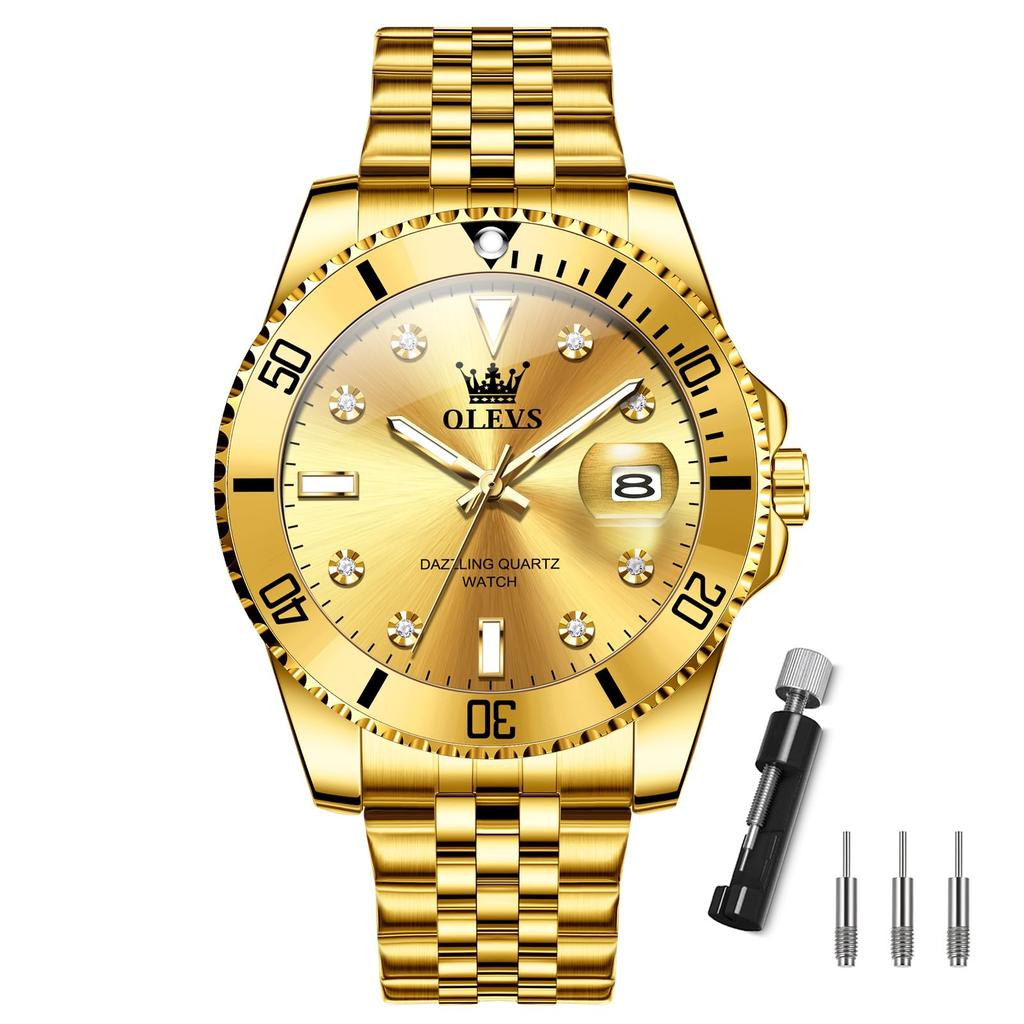 OLEVS Waterproof Quartz Analog Watch with Date Gold Stainless Steel Large Business Simple Stylish Popular Gold Watch for Men's Display, Band, Dial,