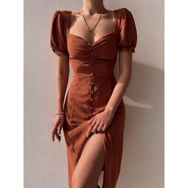 Women's Spring and Summer V-neck Single Breasted Temperament In The Long Dress