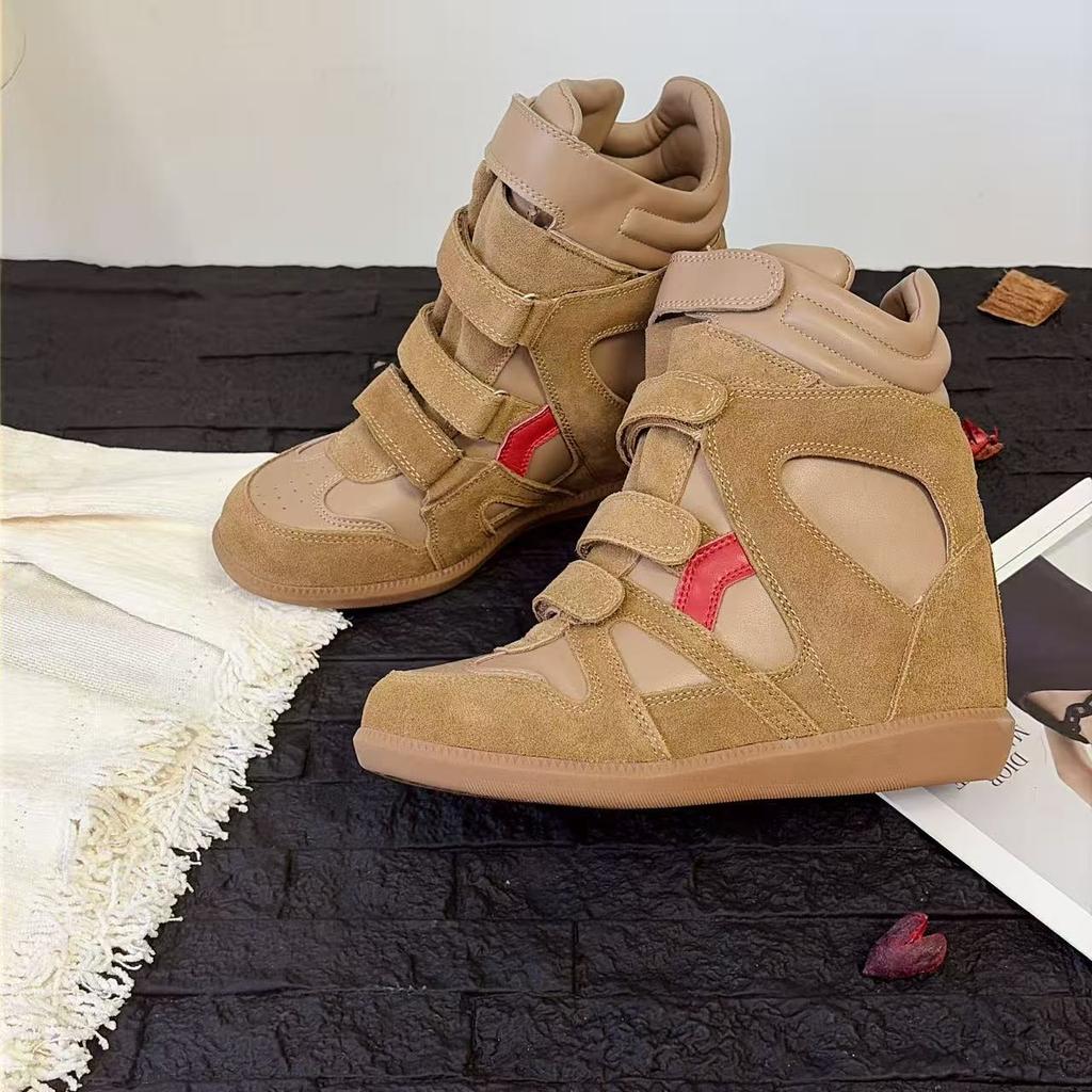 Echtleder-Stil Klettverschluss Unsichtbare Innenhöhe Erhöhende Damen Schuhe Kurze Stiefel Keilabsatz Farblich passend Sportlich Lässig High-Top Schuhe