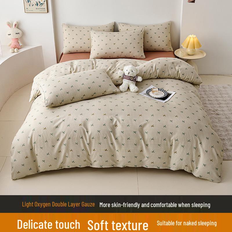 Elegant High-Weight Knit Cotton Floral Four-Piece Bedding Set – Skin-Friendly, Available In Single/Double Sizes.