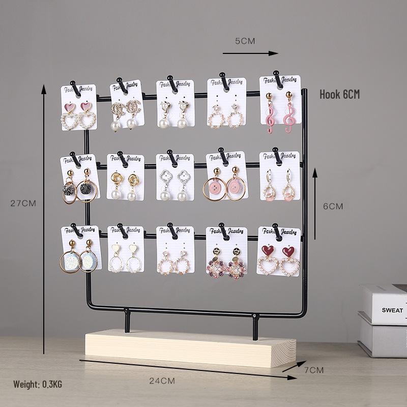 Solid Wood & Wrought Iron Earring Stand with Hooks - Jewelry Display & Storage Rack with Cardboard Packaging