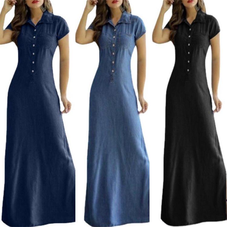2022 European-American Casual Denim Maxi Dress with Shirt Collar, Slit Pockets, and Swing Skirt