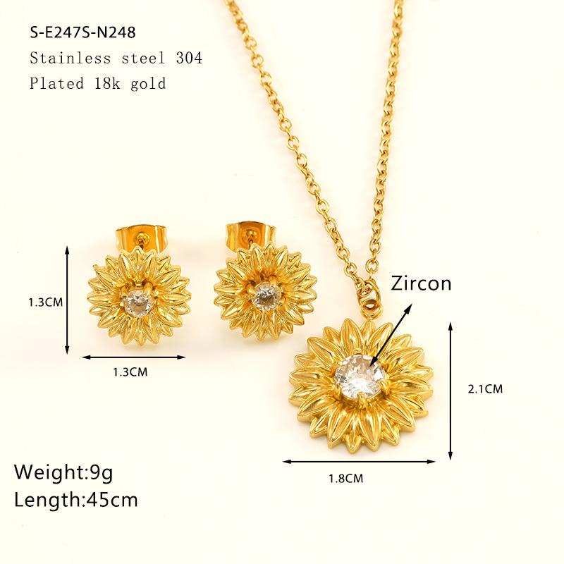 Sunflower Stud Earrings Necklace Women'S Titanium Steel Women'S Micro-Inlaid Temperament Jewelry Set Earrings