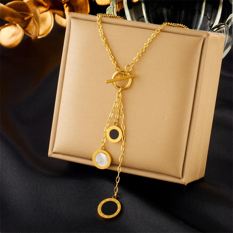 DIEYURO 316L Stainless Steel Round Roman Numeral Long Pendant Necklace For Women Girl New Trend OT Buckle Chain Jewelry Gifts