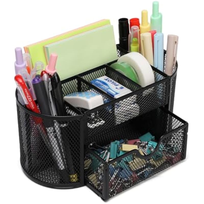 Neomate Metal Mesh Desk Organizer | Durable Office Supplies Caddy with Drawer for Home & Office | Desktop Organizer & Dc