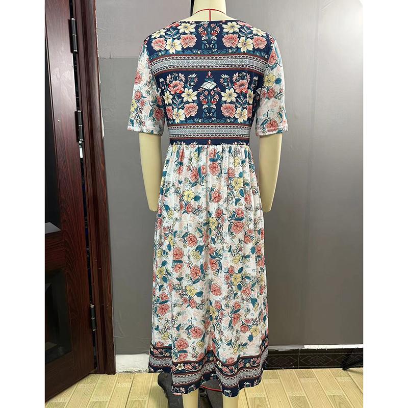 Sommer Böhmisch Bedrucktes Übergröße Damenkleid Mode Rundhals Kurzarm Lässige Lange Kleider Damen Elegant A-Linie Urlaubs Strandkleid 26653