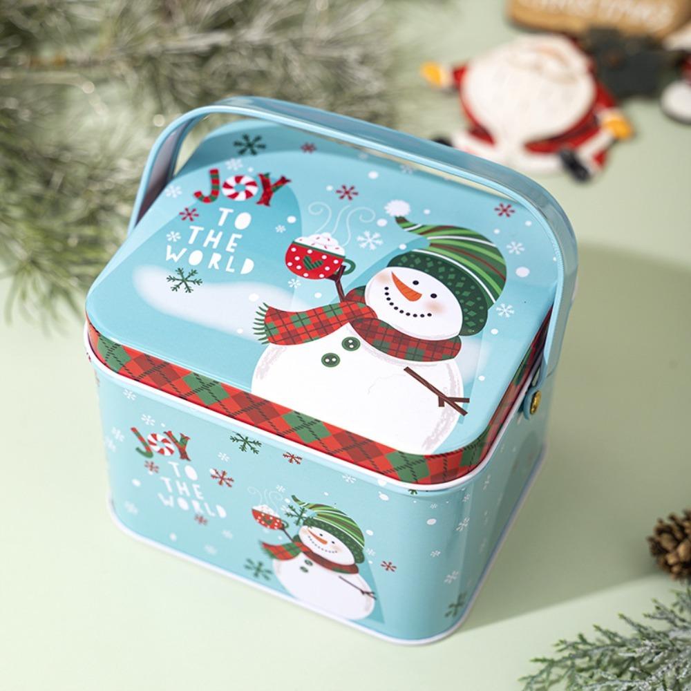 Cute Tinplate Christmas Tin Box Gift with Handle Gift Box Festival Ornaments Candy Jar