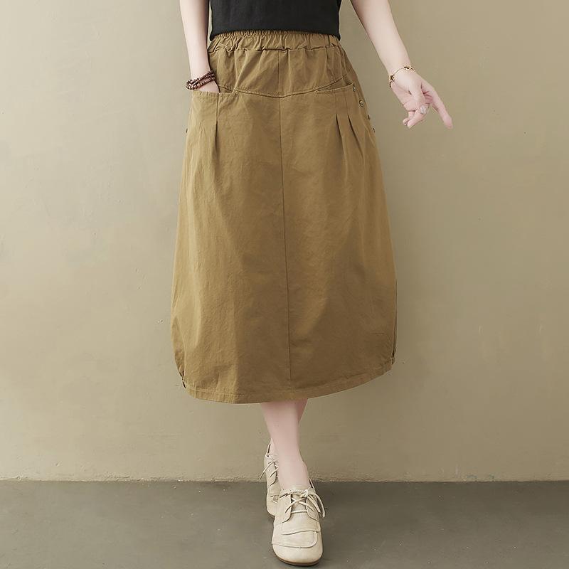 

2025 зима новый темперамент хлопок и лен однотонная юбка эластичная талия карман юбка-бутон средней длины А-силуэта one size fits all хаки
