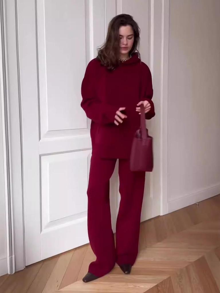 2024 Autumn Women's Red Hoodie & Casual Long Pants Two-Piece Set
