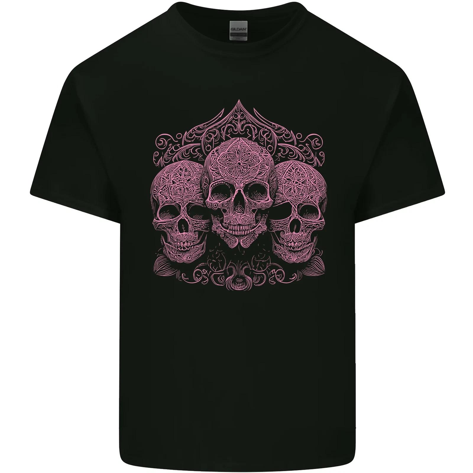 3 Ornate Pink Skulls Gothic Goth Kids T-Shirt Childrens M