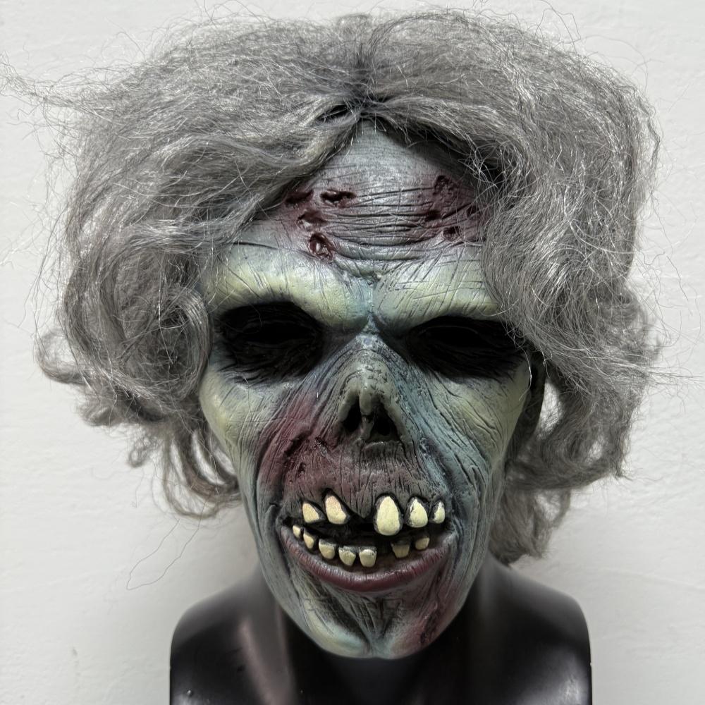 Maschera Zombie Uomo Morto Grigia per Capelli in Gomma con Morso di Sangue Cicatrice di Halloween Denti Cattivi Dettagliati Accessorio Costume di Halloween