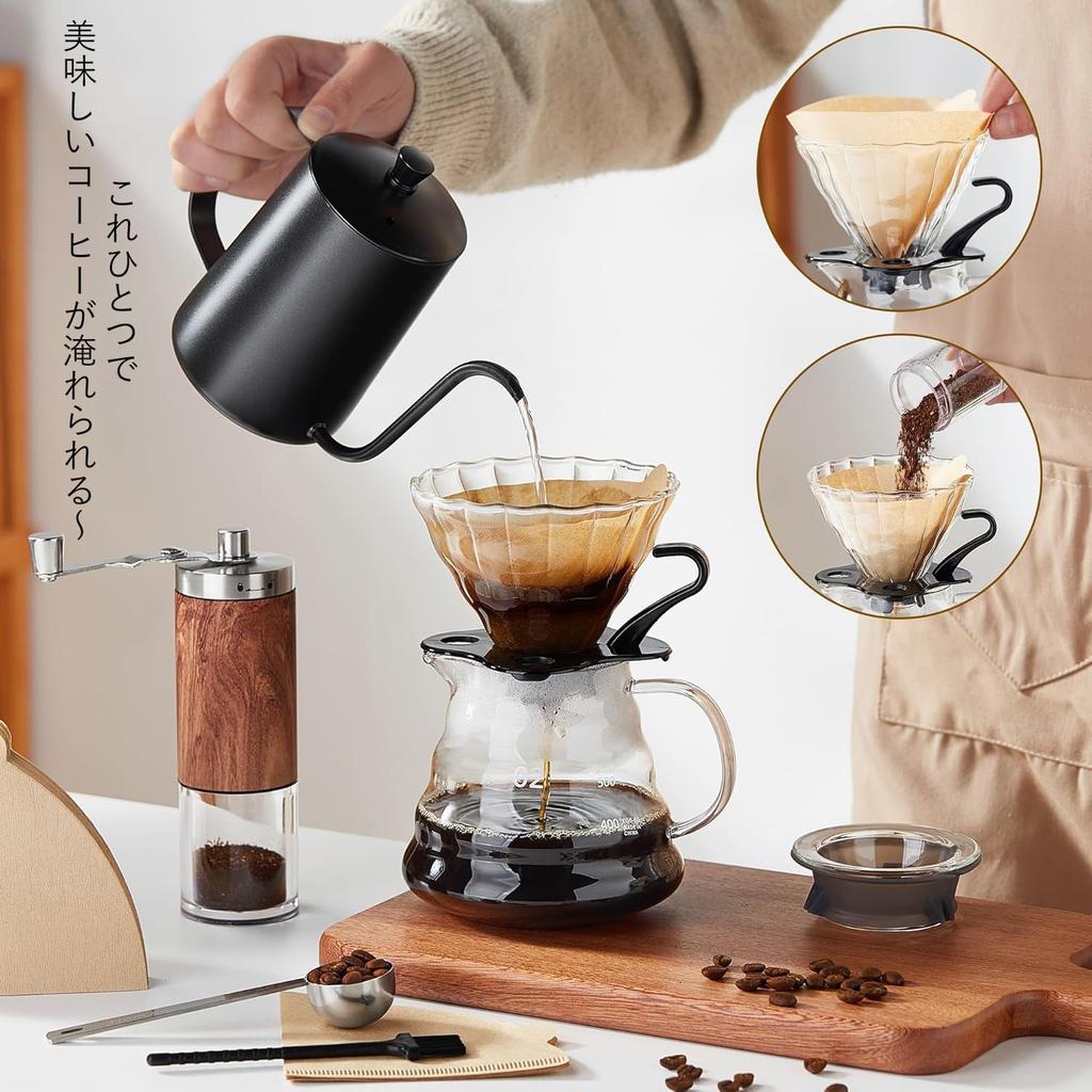 Pokaro Tea Coffee Set, Hand Grinder, Manual Measuring Spoon, Coffee Server, Dripper, Drip Kettle V60, 40 Paper Filters, Hand Drip, 6-Set Coffee Drip