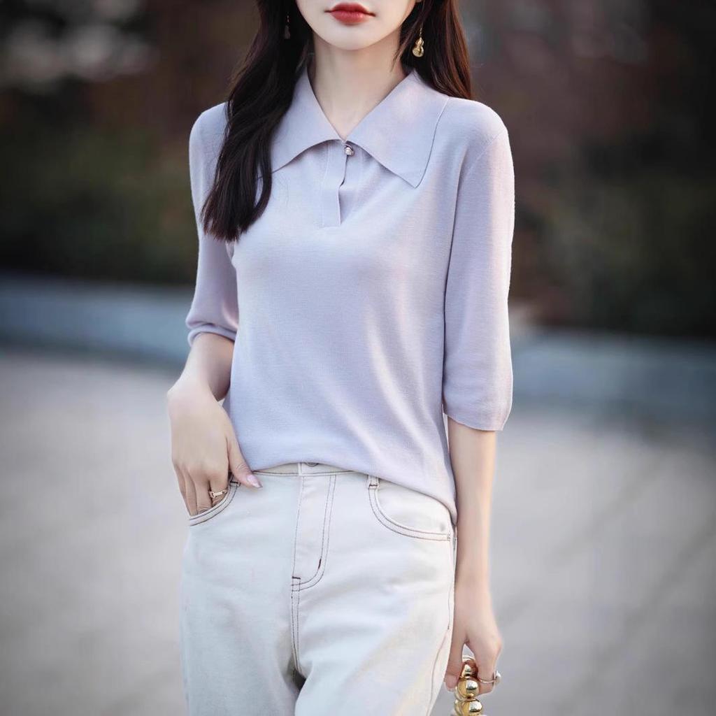 Women's 80s Merino Wool Mid-Sleeve Sweater – Thin, Loose, Turn-Down Collar Top