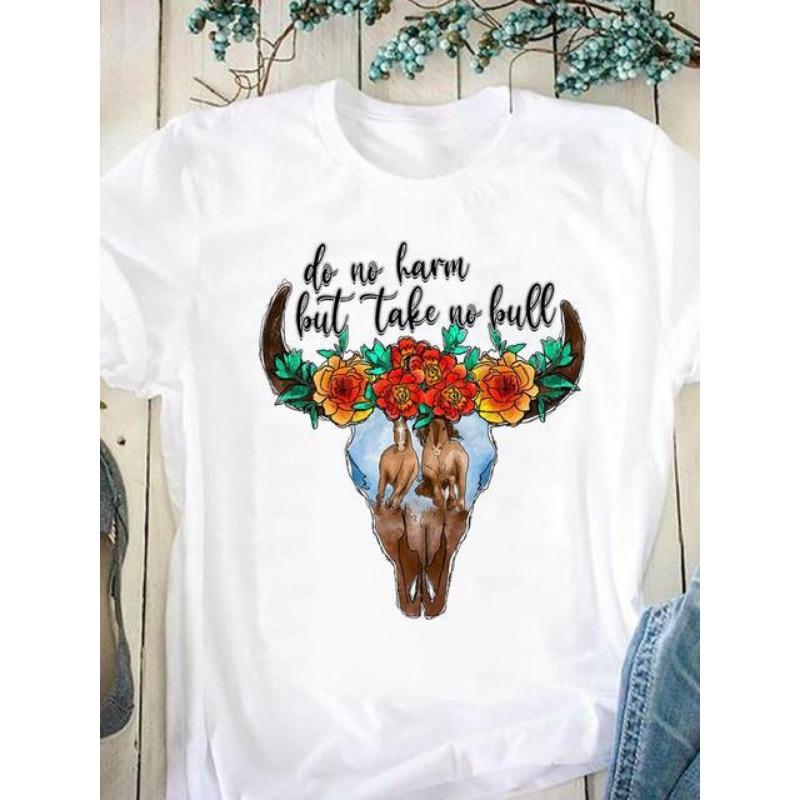 Horse Pattern Printed Women's Pure Cotton Short Sleeved Round Neck White T-Shirts Women’s