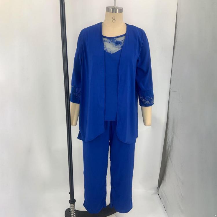 Übergröße Damen Chiffon Freizeit Set Elegante Spitze-Besetzte Schmale Gerade Hosen Dreiteiliges Set